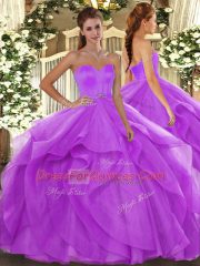 Lilac Tulle Lace Up Quinceanera Dress Sleeveless Floor Length Beading and Ruffles