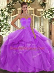 Lilac Tulle Lace Up Quinceanera Dress Sleeveless Floor Length Beading and Ruffles