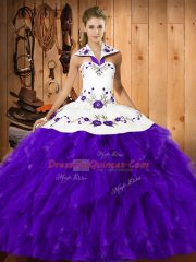 Edgy Purple Halter Top Lace Up Embroidery and Ruffles Vestidos de Quinceanera Sleeveless