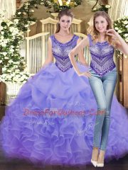 Lavender Ball Gowns Scoop Sleeveless Tulle Floor Length Lace Up Beading and Ruffles Quinceanera Dress