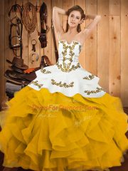 Top Selling Yellow And White Satin and Organza Lace Up Quince Ball Gowns Sleeveless Floor Length Embroidery and Ruffles