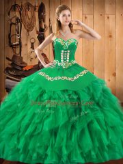Cute Sweetheart Sleeveless 15th Birthday Dress Floor Length Embroidery and Ruffles Green Satin and Organza