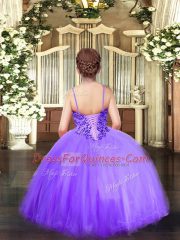 Stunning Sleeveless Lace Up Floor Length Appliques Little Girl Pageant Dress