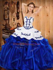 Satin and Organza Strapless Sleeveless Lace Up Embroidery and Ruffles Vestidos de Quinceanera in Royal Blue