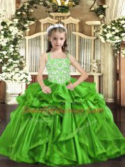 Hot Selling Green Lace Up Straps Beading and Ruffles Pageant Gowns For Girls Organza Sleeveless