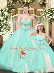 Sleeveless Lace Floor Length Lace Up Quinceanera Dresses in Aqua Blue with Beading