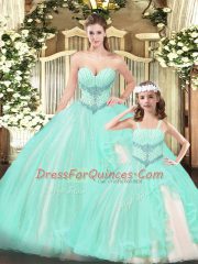 Sleeveless Lace Floor Length Lace Up Quinceanera Dresses in Aqua Blue with Beading