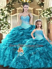 Artistic Teal Ball Gowns Tulle Sweetheart Sleeveless Beading and Ruffles and Ruching and Pick Ups Floor Length Lace Up Quinceanera Dress