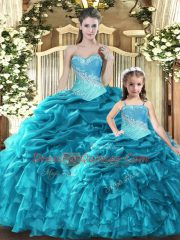 Artistic Teal Ball Gowns Tulle Sweetheart Sleeveless Beading and Ruffles and Ruching and Pick Ups Floor Length Lace Up Quinceanera Dress