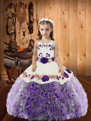 Inexpensive Multi-color Ball Gowns Fabric With Rolling Flowers Straps Sleeveless Embroidery and Ruffles Floor Length Lace Up Girls Pageant Dresses