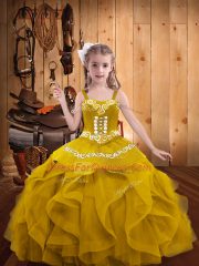 Straps Sleeveless Little Girls Pageant Gowns Floor Length Embroidery and Ruffles Gold Organza