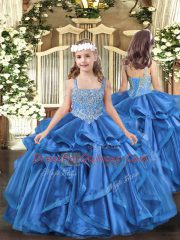 Floor Length Baby Blue Pageant Dress for Teens Organza Sleeveless Beading and Ruffles