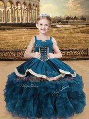 Modern Straps Sleeveless Lace Up Little Girls Pageant Gowns Teal Organza and Taffeta