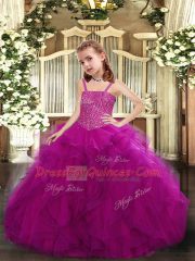 Wonderful Fuchsia Straps Lace Up Beading and Ruffles Girls Pageant Dresses Sleeveless