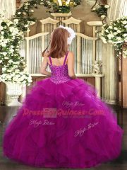 Wonderful Fuchsia Straps Lace Up Beading and Ruffles Girls Pageant Dresses Sleeveless