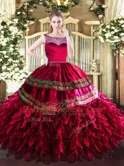 Low Price Sleeveless Organza Floor Length Zipper Ball Gown Prom Dress in Coral Red with Beading and Ruffles