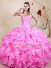 Rose Pink Ball Gowns Beading and Ruffles 15 Quinceanera Dress Lace Up Organza Sleeveless Floor Length