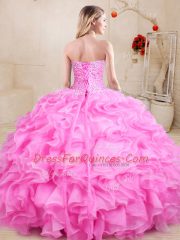 Rose Pink Ball Gowns Beading and Ruffles 15 Quinceanera Dress Lace Up Organza Sleeveless Floor Length