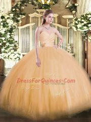 Floor Length Orange Quince Ball Gowns Tulle Sleeveless Beading