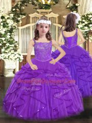 Purple Lace Up Little Girl Pageant Gowns Beading and Ruffles Sleeveless Floor Length