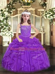 Purple Lace Up Little Girl Pageant Gowns Beading and Ruffles Sleeveless Floor Length