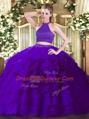 Purple Sleeveless Tulle Backless Quinceanera Dresses for Military Ball and Sweet 16 and Quinceanera