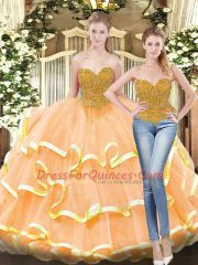 Floor Length Peach Sweet 16 Dress Sweetheart Sleeveless Lace Up