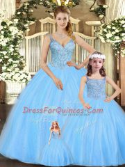 Turquoise Tulle Lace Up Sweet 16 Quinceanera Dress Sleeveless Floor Length Beading