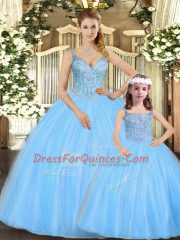 Turquoise Tulle Lace Up Sweet 16 Quinceanera Dress Sleeveless Floor Length Beading