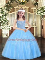 Hot Sale Baby Blue Tulle Lace Up Straps Sleeveless Floor Length Little Girl Pageant Gowns Beading