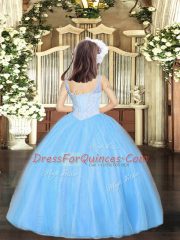 Hot Sale Baby Blue Tulle Lace Up Straps Sleeveless Floor Length Little Girl Pageant Gowns Beading