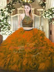 Cute Tulle Halter Top Sleeveless Lace Up Beading and Ruffles Quinceanera Gown in Brown