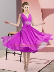 Dynamic Sleeveless Chiffon Knee Length Side Zipper Quinceanera Court of Honor Dress in Fuchsia with Beading