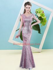 Suitable Lilac Zipper Prom Evening Gown Sequins Cap Sleeves Floor Length