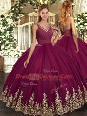 Suitable Burgundy Sleeveless Beading and Appliques Floor Length Sweet 16 Quinceanera Dress