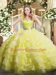 Smart Yellow Green Organza Zipper V-neck Sleeveless Floor Length Sweet 16 Dresses Ruffled Layers