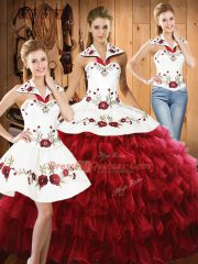 Luxury Wine Red Organza Lace Up 15th Birthday Dress Sleeveless Floor Length Embroidery and Ruffled Layers