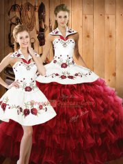 Luxury Wine Red Organza Lace Up 15th Birthday Dress Sleeveless Floor Length Embroidery and Ruffled Layers