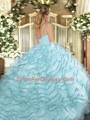 Sweet Rose Pink Quince Ball Gowns Organza Brush Train Sleeveless Ruffled Layers