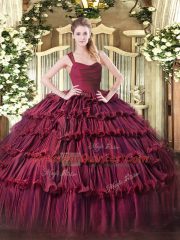 Fashionable Burgundy Zipper Quinceanera Dresses Ruffled Layers Sleeveless Floor Length