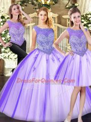 Fashionable Sleeveless Floor Length Beading Zipper Quince Ball Gowns with Lavender