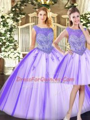 Fashionable Sleeveless Floor Length Beading Zipper Quince Ball Gowns with Lavender