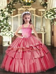 Coral Red Sleeveless Floor Length Appliques and Ruffled Layers Lace Up Pageant Dress