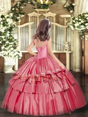 Coral Red Sleeveless Floor Length Appliques and Ruffled Layers Lace Up Pageant Dress