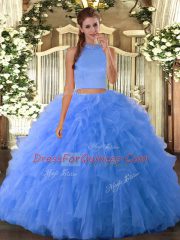 Baby Blue Backless Halter Top Beading and Ruffles Quinceanera Gowns Tulle Sleeveless
