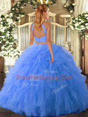 Baby Blue Backless Halter Top Beading and Ruffles Quinceanera Gowns Tulle Sleeveless