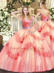 Beading and Appliques 15 Quinceanera Dress Watermelon Red Zipper Sleeveless Floor Length