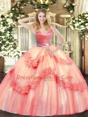 Beading and Appliques 15 Quinceanera Dress Watermelon Red Zipper Sleeveless Floor Length