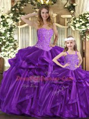 Clearance Purple Sweetheart Neckline Beading and Ruffles Quinceanera Gowns Sleeveless Lace Up
