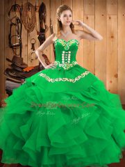 Top Selling Floor Length Lace Up Quinceanera Dresses Green for Military Ball and Sweet 16 and Quinceanera with Embroidery